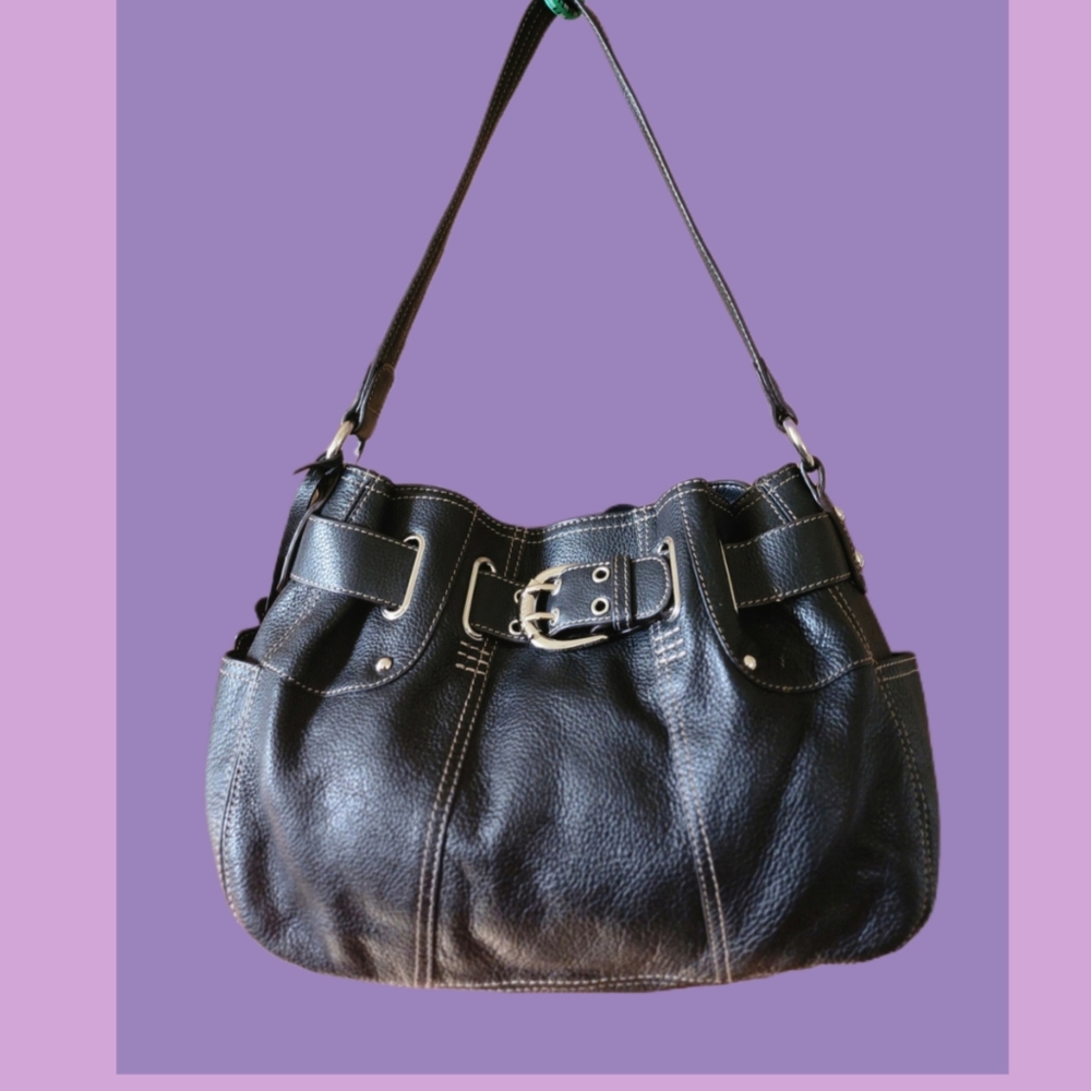 TIGNANELLO BLACK PEBBLE GRAIN LEATHER BELTED ORGANIZER HOBO BAG - Picture 2 of 11
